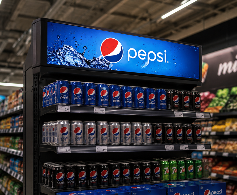 Topper regałowy z ekranem Digital Signage nad półką z napojami Pepsi